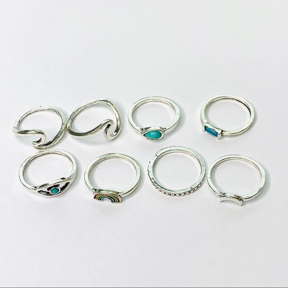 Rainbow Sky Turquoise Stone Silver Ring Set 8pc - Picture 4 of 5